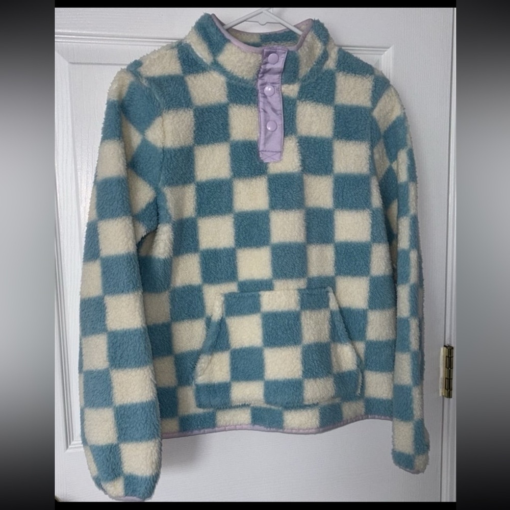 Kids Checkered Fleece Pullover - Blue and Cream Sz XL - Picture 2 of 3